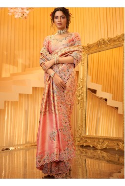 Orange Pure Giraffe Viscose Silk Heavy Work Wedding Saree
