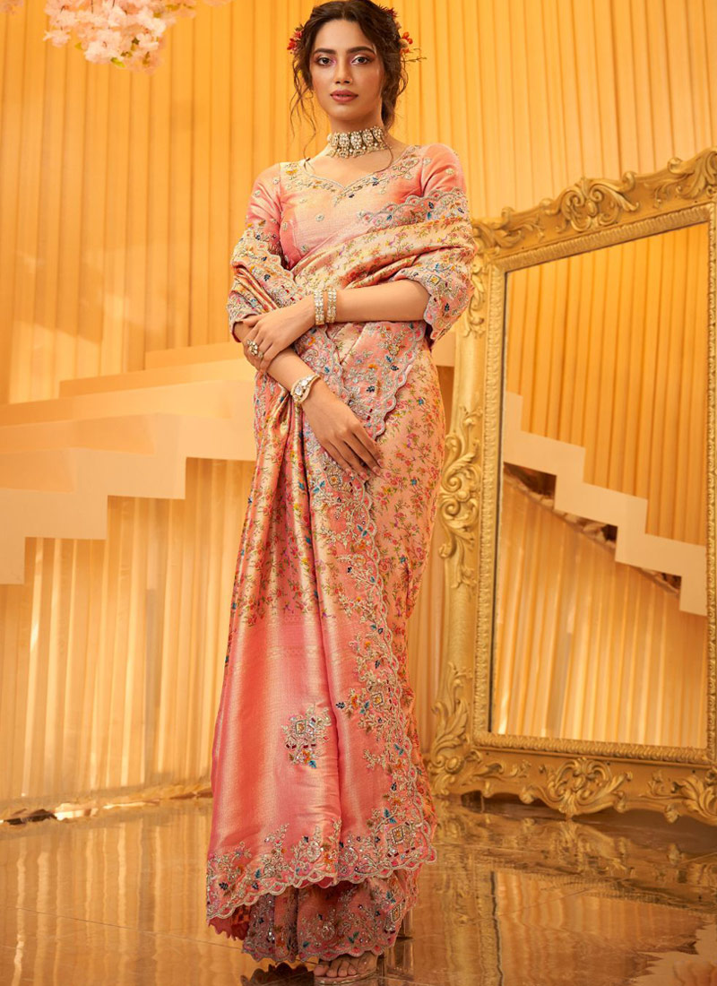 Orange Pure Giraffe Viscose Silk Heavy Work Wedding Saree