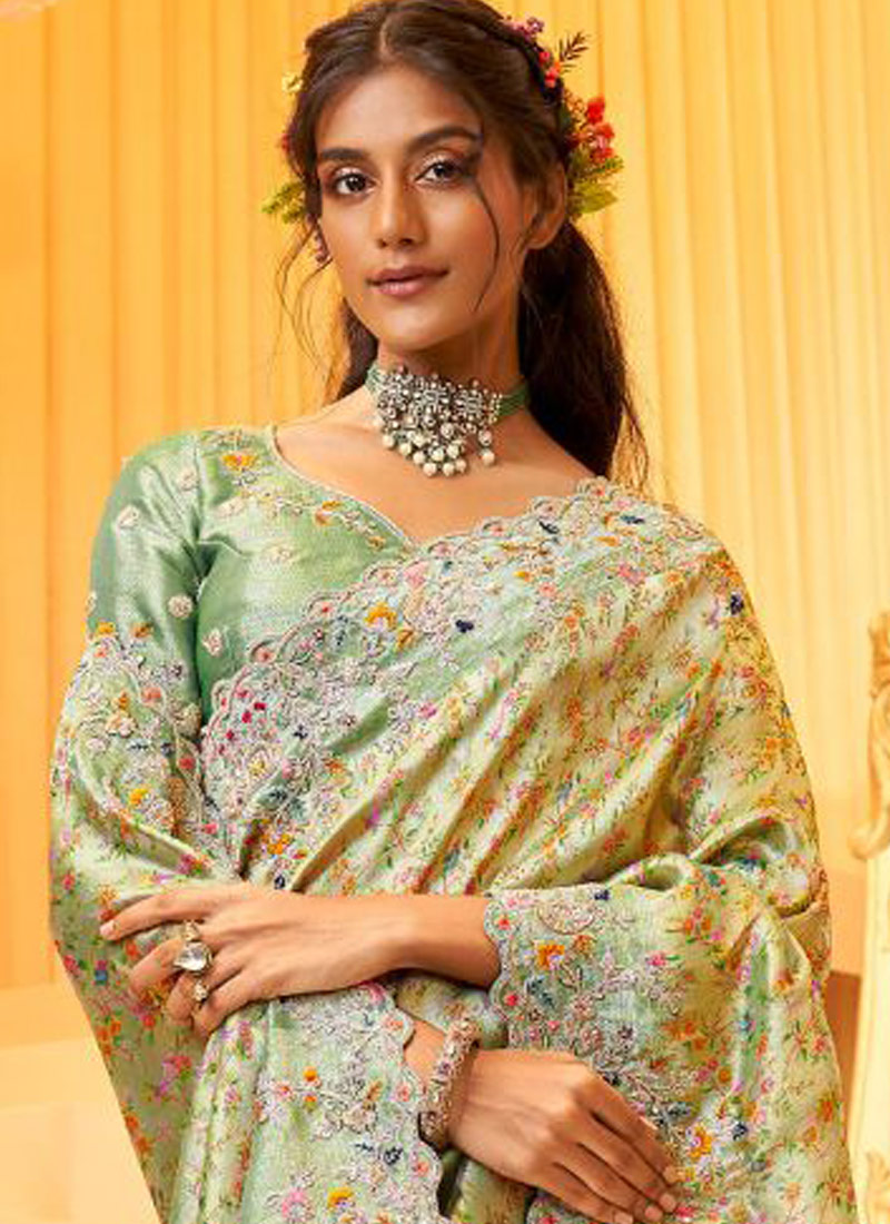 Pista Pure Giraffe Viscose Silk Heavy Work Wedding Saree