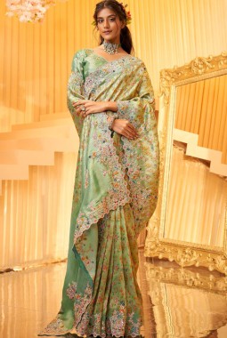 Pista Pure Giraffe Viscose Silk Heavy Work Wedding Saree