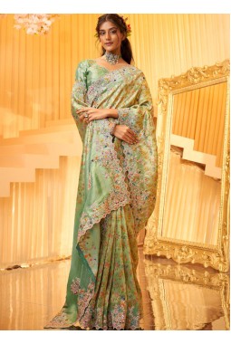 Pista Pure Giraffe Viscose Silk Heavy Work Wedding Saree