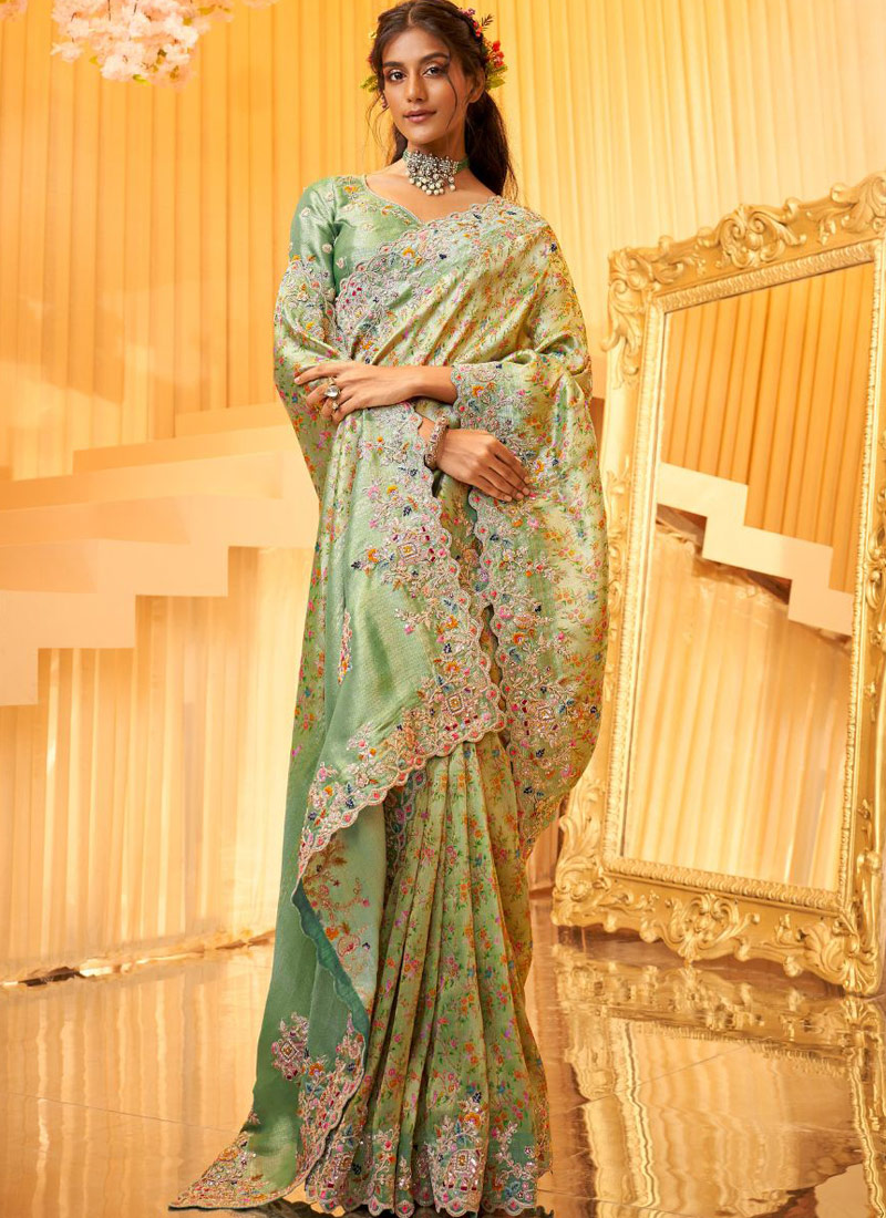 Pista Pure Giraffe Viscose Silk Heavy Work Wedding Saree