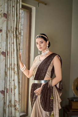 Brown Silk Sequins Designer Saree
