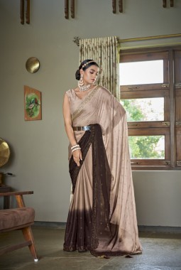 Brown Silk Sequins Designer Saree