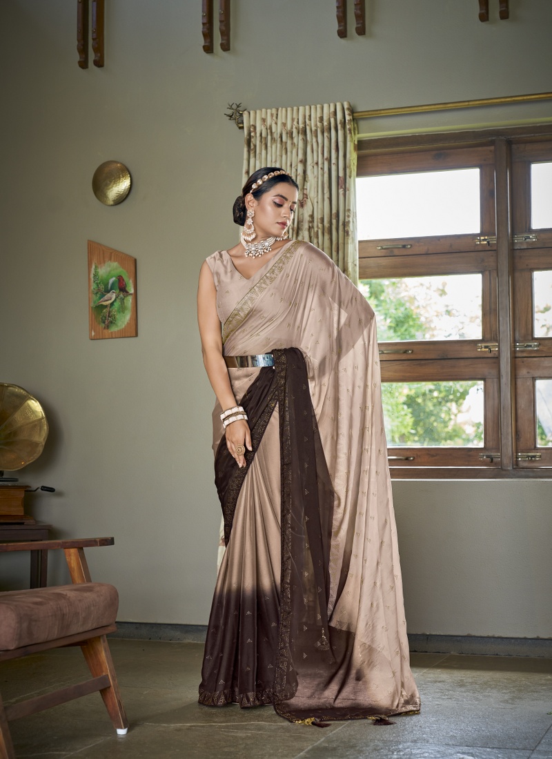Brown Silk Sequins Designer Saree
