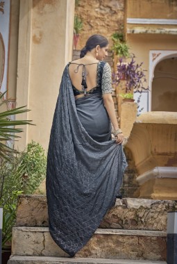 Grey Chinon Sequins Designer Saree
