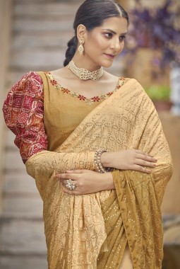 Base Yellow Chinon Sequins Designer Saree