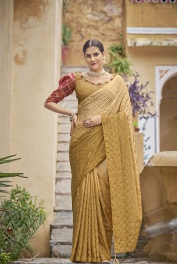 Base Yellow Chinon Sequins Designer Saree