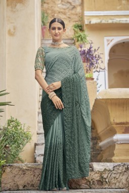 Green Chinon Sequins Designer Saree