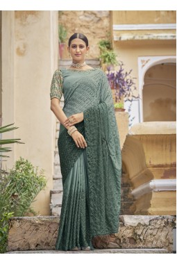 Green Chinon Sequins Designer Saree
