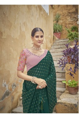 Green Chinon Sequins Designer Saree