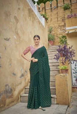 Green Chinon Sequins Designer Saree