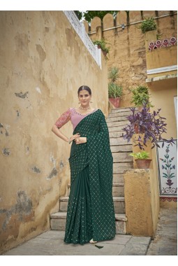 Green Chinon Sequins Designer Saree
