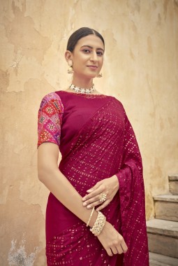 Dark Pink Chinon Sequins Designer Saree
