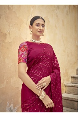 Dark Pink Chinon Sequins Designer Saree
