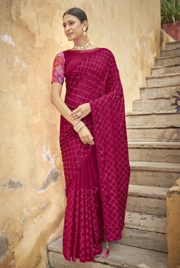 Dark Pink Chinon Sequins Designer Saree