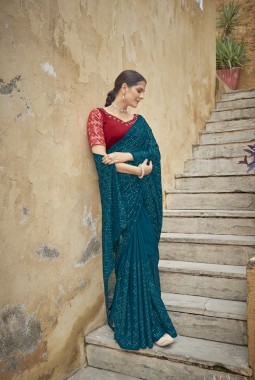 Teal Blue Chinon Sequins Designer Saree