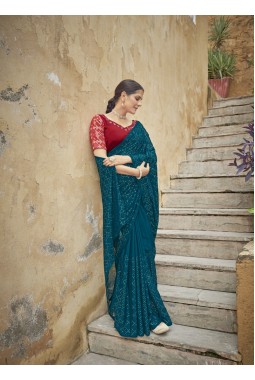 Teal Blue Chinon Sequins Designer Saree