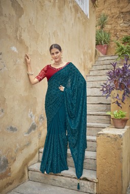 Teal Blue Chinon Sequins Designer Saree