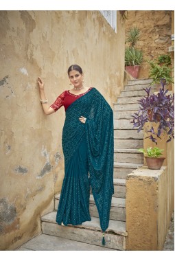 Teal Blue Chinon Sequins Designer Saree