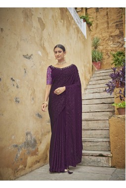 Purple Chinon Sequins Designer Saree