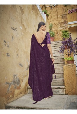 Purple Chinon Sequins Designer Saree