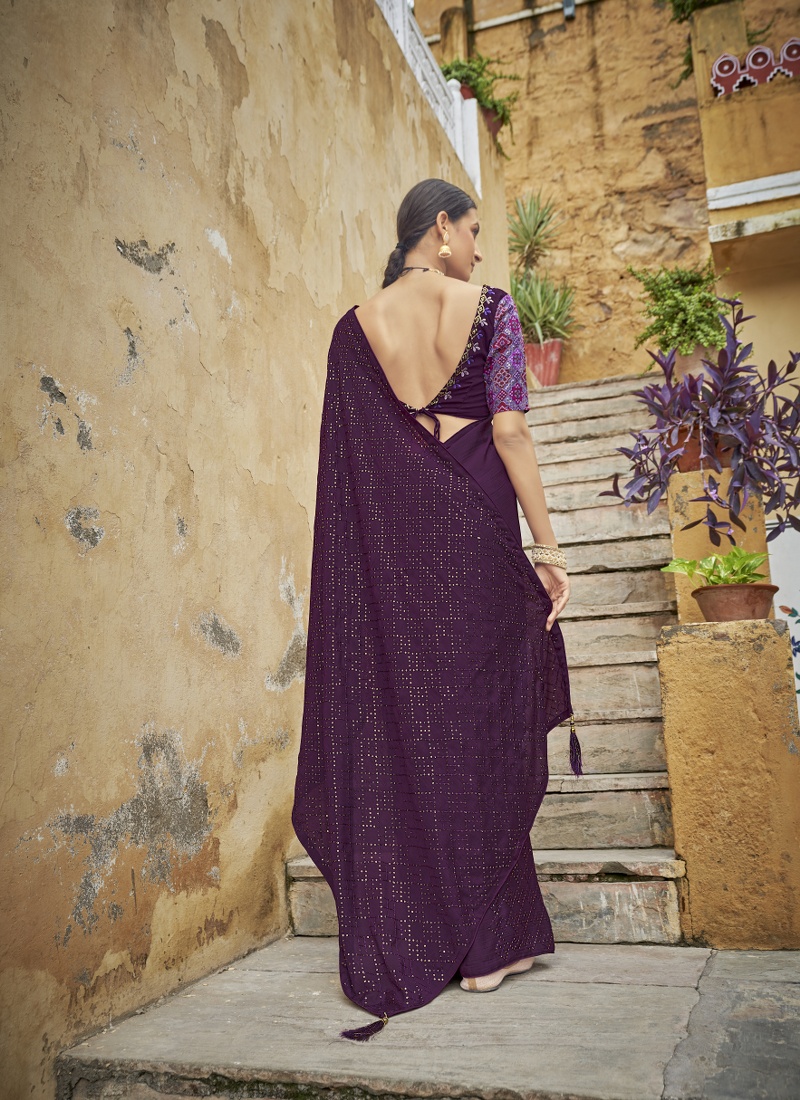 Purple Chinon Sequins Designer Saree
