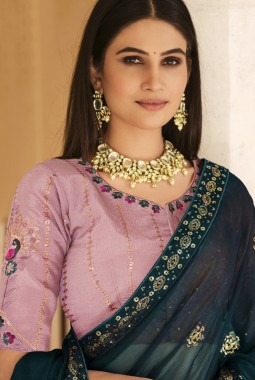 Teal Blue Chinnon Thread Sequins Designer Saree