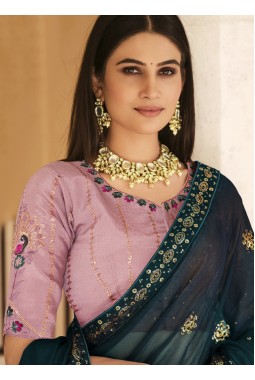 Teal Blue Chinnon Thread Sequins Designer Saree