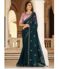 Teal Blue Chinnon Thread Sequins Designer Saree