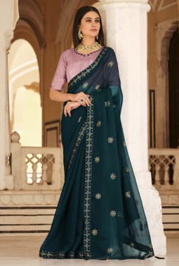 Teal Blue Chinnon Thread Sequins Designer Saree