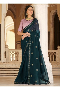 Teal Blue Chinnon Thread Sequins Designer Saree