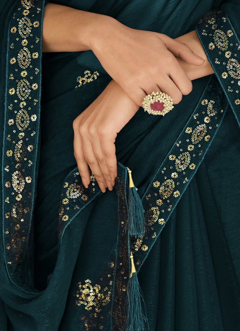 Teal Blue Chinnon Thread Sequins Designer Saree