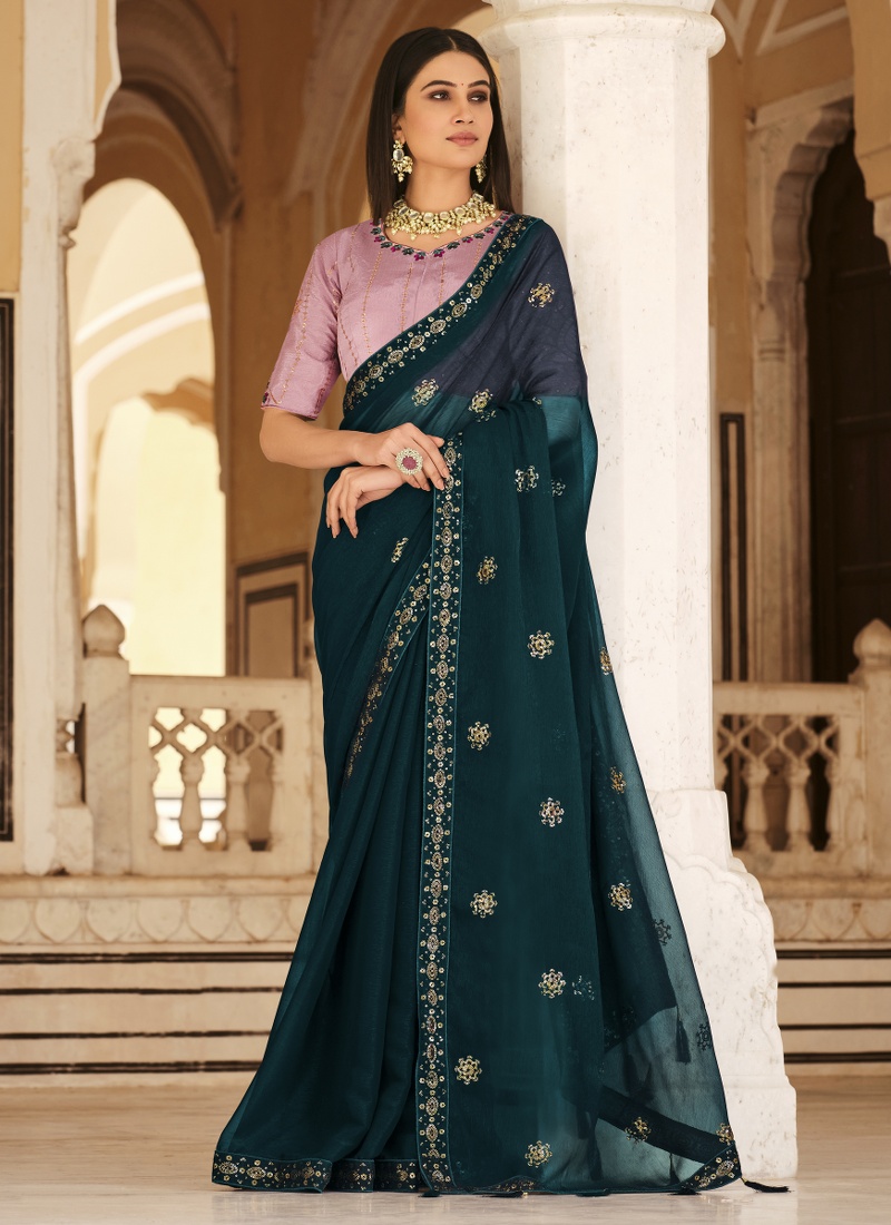 Teal Blue Chinnon Thread Sequins Designer Saree