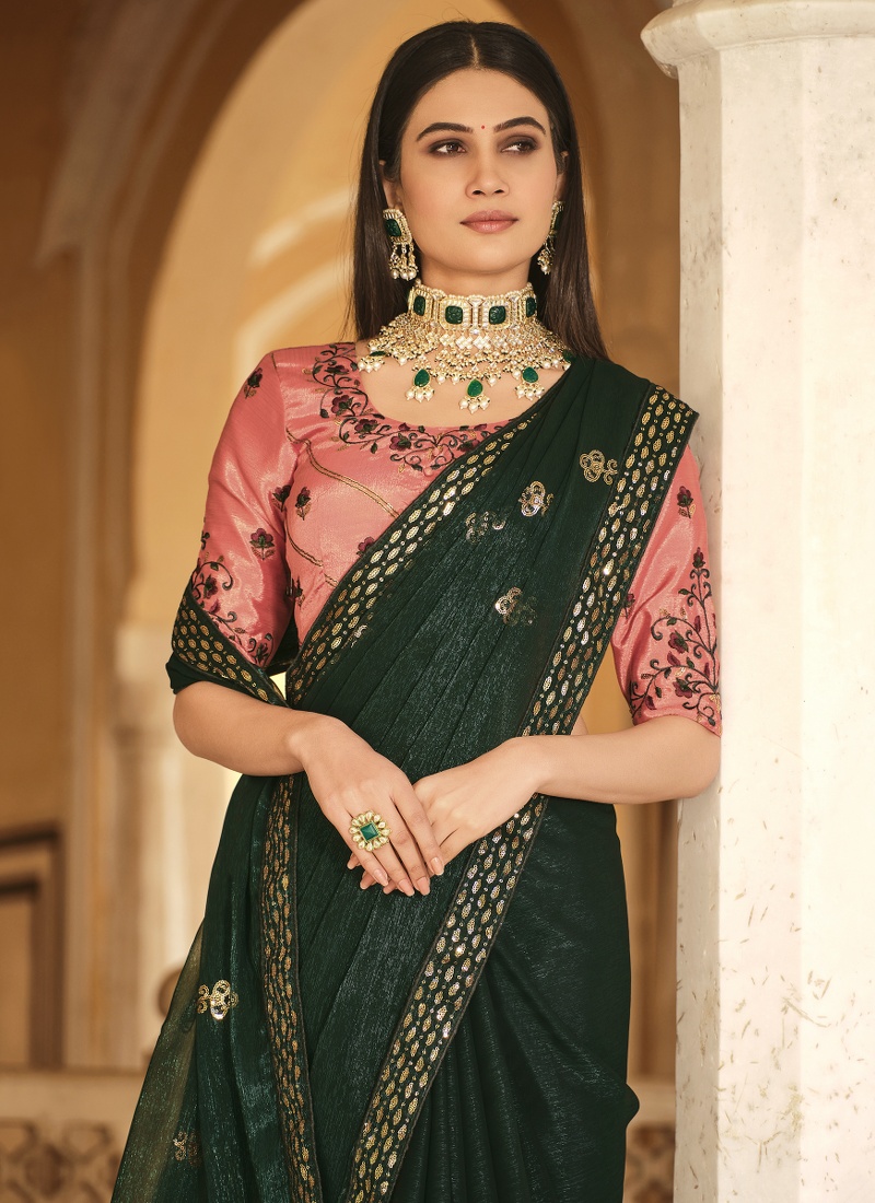 Green Chinnon Sequins Party Wear Saree