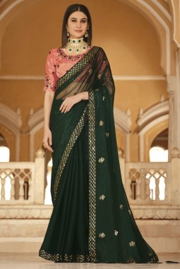 Green Chinnon Sequins Party Wear Saree