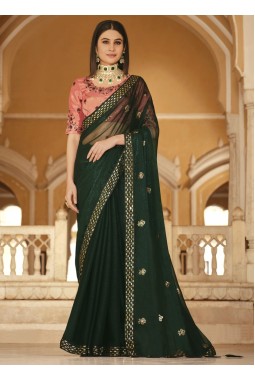 Green Chinnon Sequins Party Wear Saree