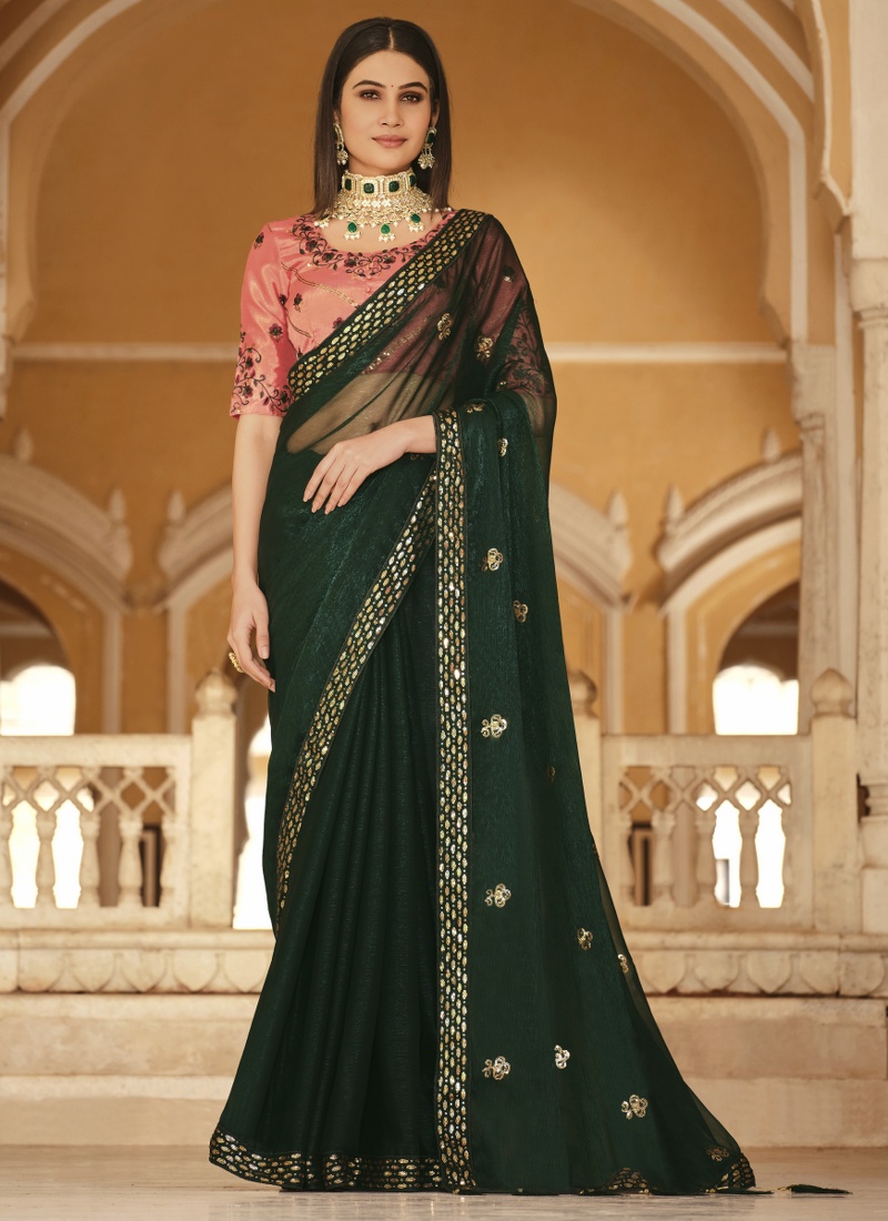 Green Chinnon Sequins Party Wear Saree