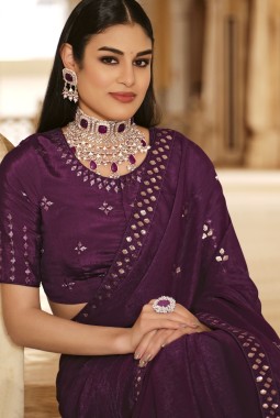 Purple Chinnon Thread With Sequins Wedding Saree