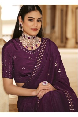 Purple Chinnon Thread With Sequins Wedding Saree