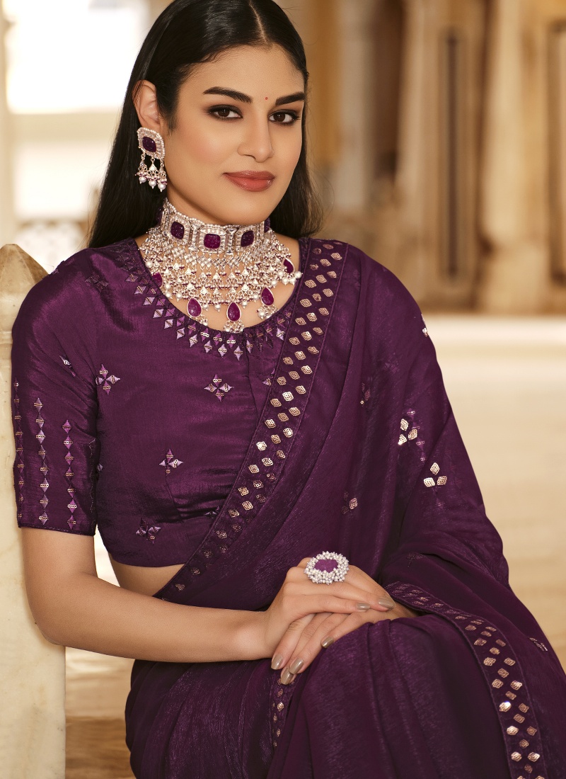 Purple Chinnon Thread With Sequins Wedding Saree