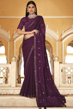 Purple Chinnon Thread With Sequins Wedding Saree