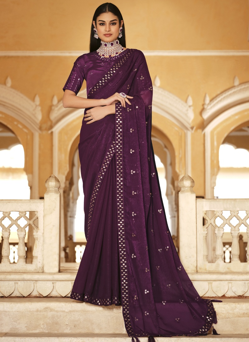 Purple Chinnon Thread With Sequins Wedding Saree