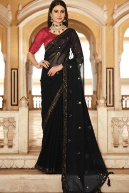 Black Chinnon Thread Sequins Designer Saree