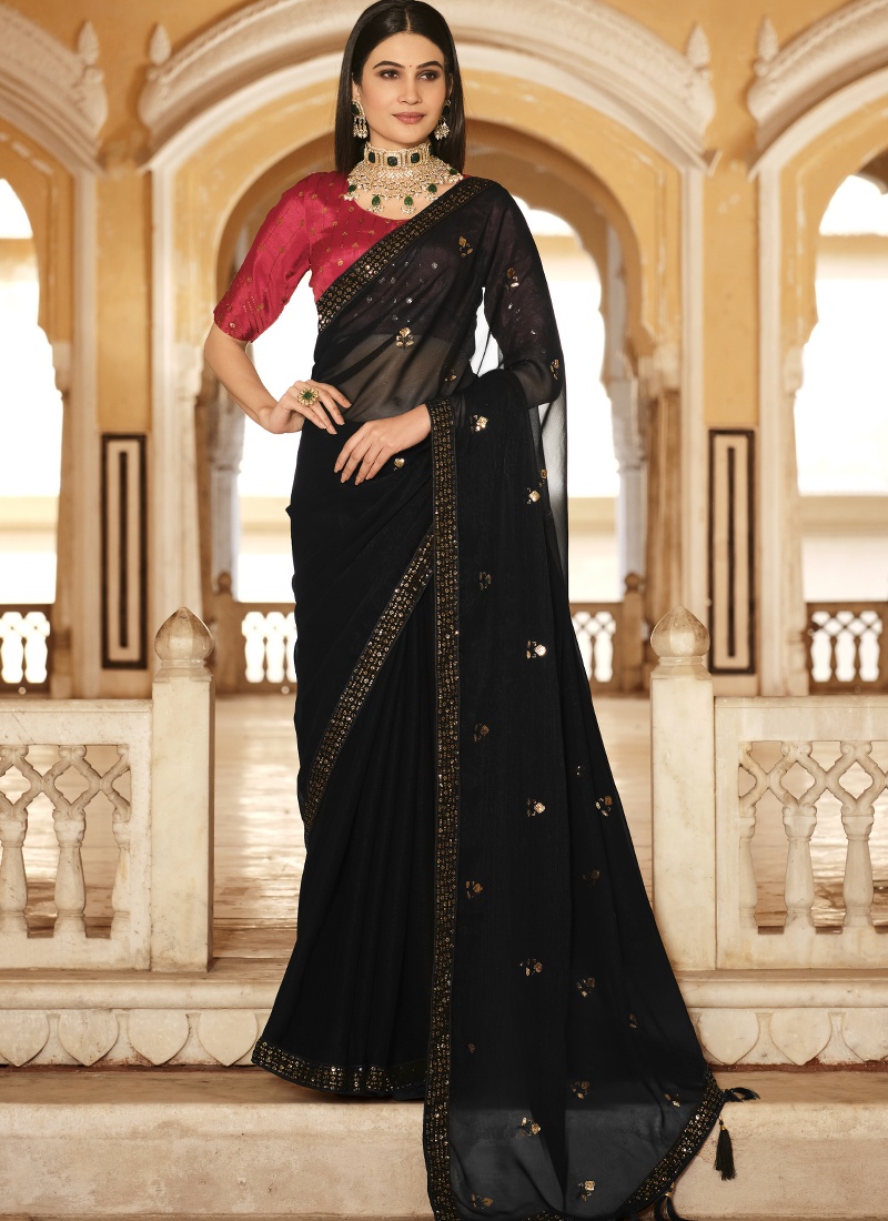 Black Chinnon Thread Sequins Designer Saree