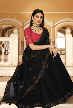 Black Chinnon Thread Sequins Designer Saree