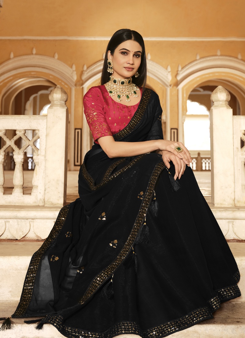 Black Chinnon Thread Sequins Designer Saree