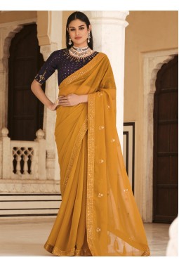 Yellow Chinnon Sequins Party Wear Saree