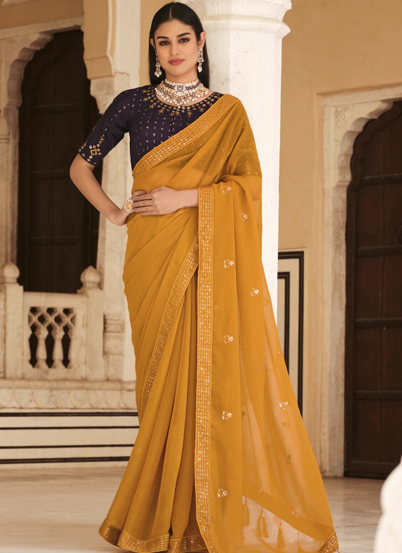 Yellow Chinnon Sequins Party Wear Saree