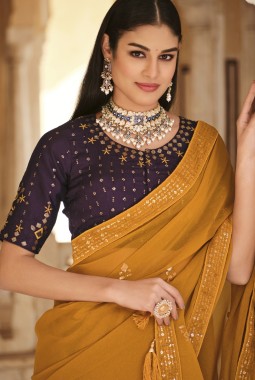Yellow Chinnon Sequins Party Wear Saree
